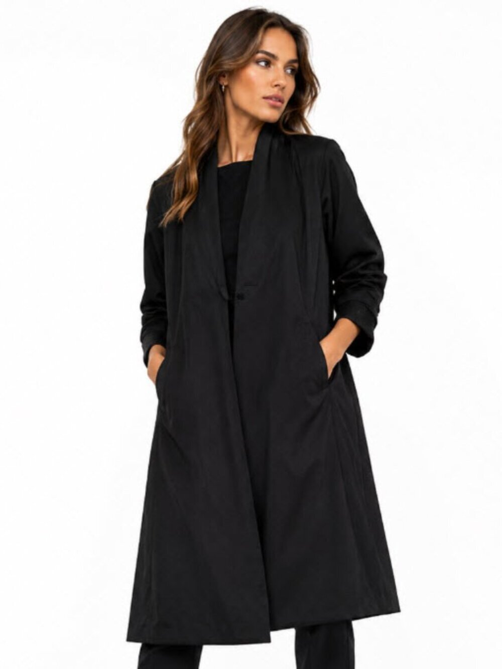 EILEEN FISHER Black Shawl Collar Trench Coat Organic Cotton Blend Small